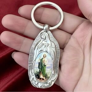 Vintage Style St. Jude Thaddeus Keychain with Guadalupe Silhouette Frame New